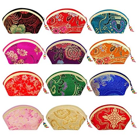 Silk Coin Purse Brocade Jewelry Pouch Zipper Chinese Embroidered Gift Bag, SLK004-12PCS, Slk004-12pcs Cover