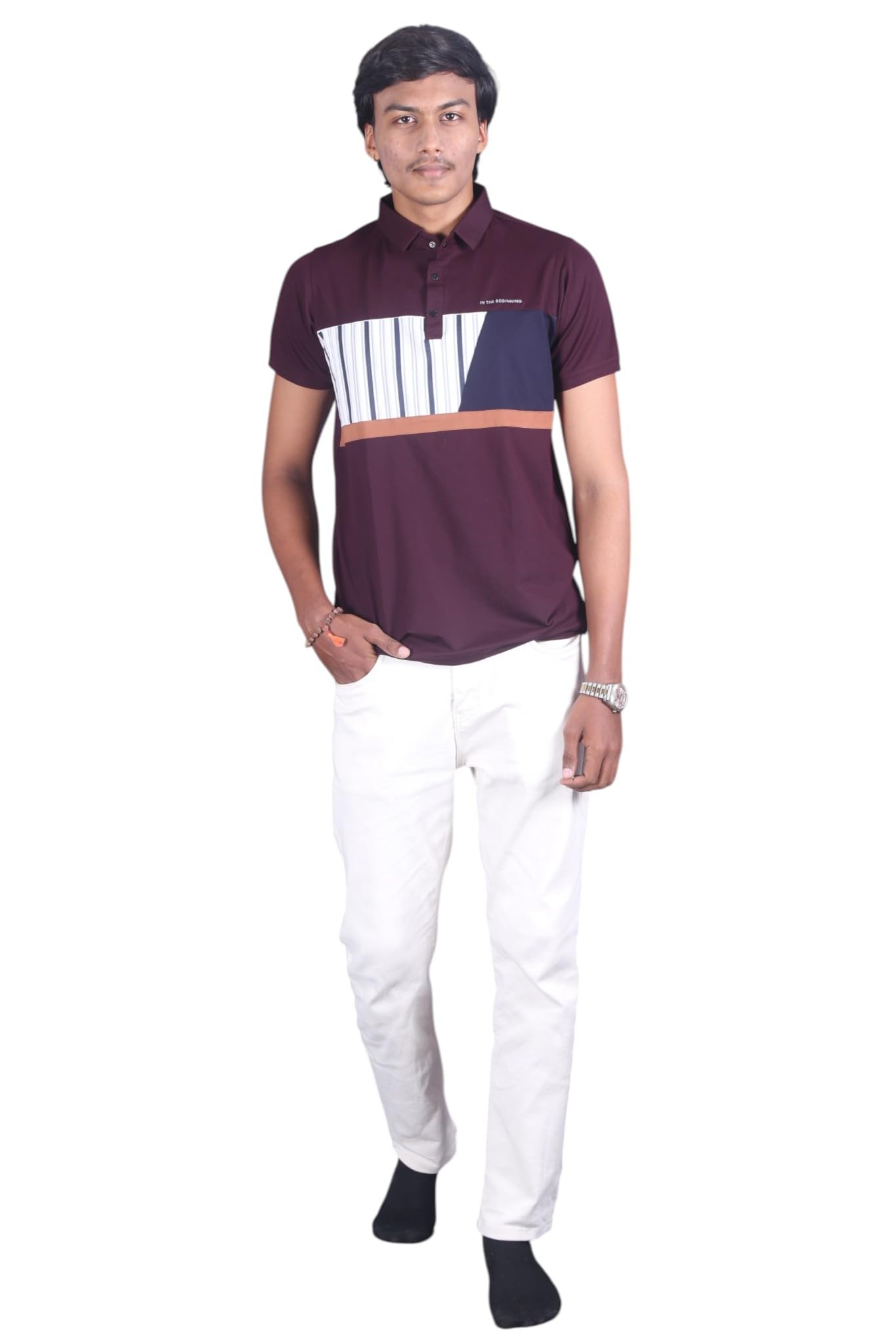 Men's Casual Fashion Outfit - Blue and Red Short Sleeved Shirt with Plain Light Gray Pants-image-3