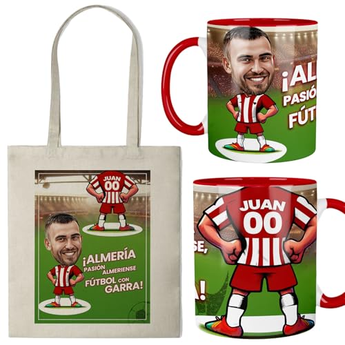 Kembilove® Taza Personalizada Almería Con Caricatura | Regalo Aficionado Ud Almería | Taza + Bolsa Con Nombre Y Número | Detalle Fútbol Almeriense | Producto Original Personalizado