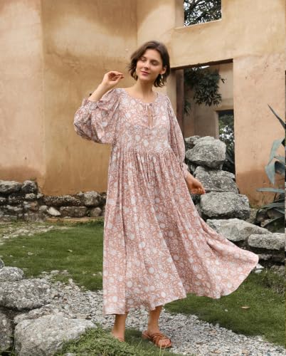 Image of Casual Summer Dresses for Women Deep V Puff Sleeve Boho Midi Floral Dress