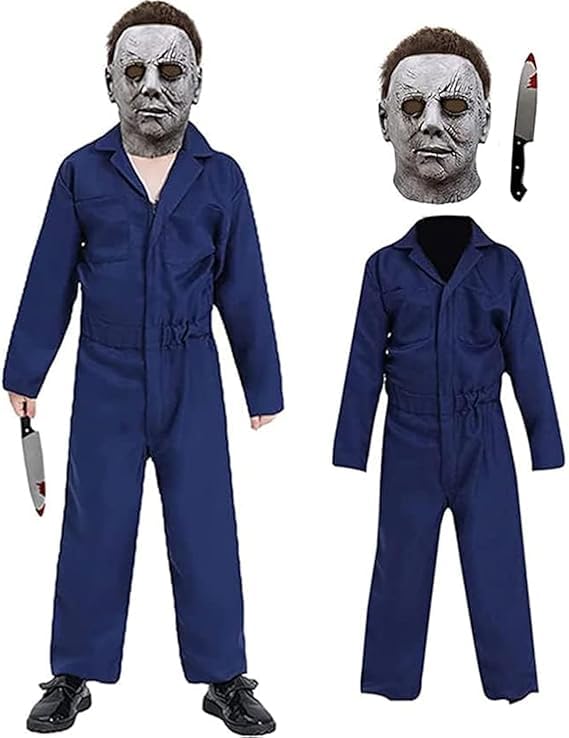 Huraogcos Michael Myers Kostüm Kinder Horror Michael Myers Maske und Messer Halloween Cosplay Overall Overalls Requisiten Cosplay Outfits Set (Graue Maske + Outfit L)
