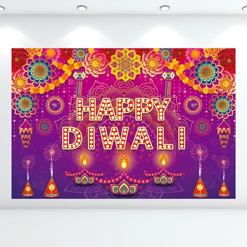 Happy Diwali Backdrop Banner Festival of Lights Diwali Decorations for Photo Backdrop,Indian Diwali's Decorations Wall Hanging and Supplies for Home Party 59 x 39 in, Indoor & Outdoor Use