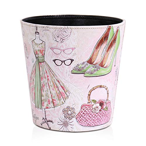 Image of PU Leather Small Trash Can Wastebasket, Round Garbage Container Basket for Bathrooms, Laundry Room, Kitchens, Offices, Kids Rooms, Bedrooms,Dorms,Home Decorative Art Bin, 2.9 Gallon(Fashion Style)