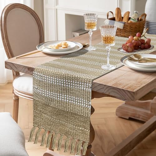 Image of Luxe Home Elegant Beige and White Woven Table Runner with Tassels - Mix Cotton Jute 13 x 72 Inch, Stripe - Perfect for Dining Table, Center Table, Decor