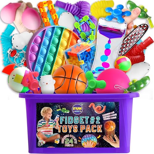 Fidget Pack Box for Boys Girls 4-12, FunKidz Fidget Toys for Kids 5-7 Autistic Sensory Mystery Birthday Gifts in Reusable Portable Treasure Box Nice Party Favors