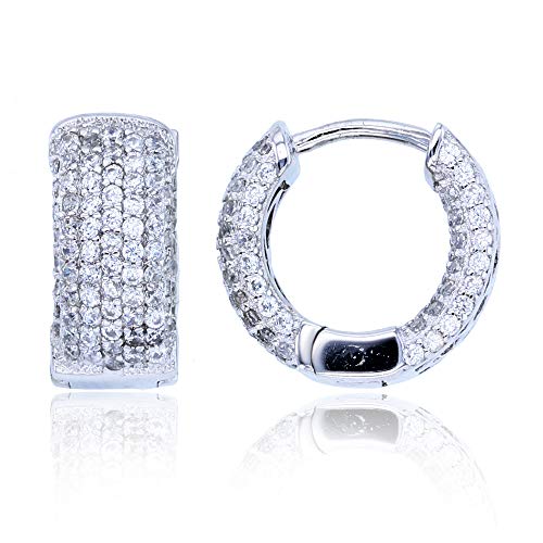 Sterling Silver Rhodium Round White Cubic Zirconia Puffy Pave Huggie Earrings