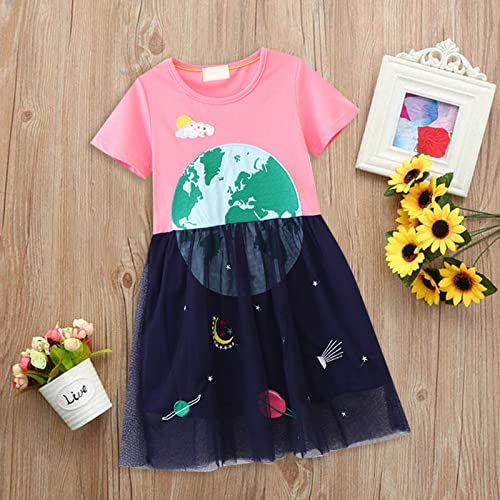 Girls Cotton Cartoon Dress Applique Party Dresses Space Planet Pattern Dress Children's Casual Short Sleeved2