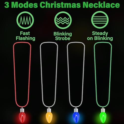 4PCS Christmas Light Necklace, Glow Christmas Necklace with Bulb Pendent, Red Yellow Green Blue 3 Modes Xmas Necklace Bulk, 3D Christmas Necklace Accessories for Ugly Sweater New Year Family Party3