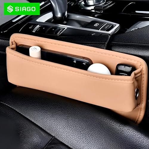 Image of SIAGO Car Seat Gap Filler Organizer | Premium PU Leather Storage Box for Phone | Car Accessories for Keys, Cards & Coins | Universal Fit for Cars, SUVs & Trucks (Tan) (SIA133)