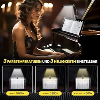 BrightArk 19 LED per stand, luce con clip per leggere, lettura per pianoforte ricaricabile tramite USB, 3 colori e 5 lucidi, regali musicali ideali