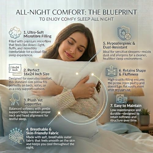 Image of Premium Microfibre Pillow, White, Standard Size, 61x41 Inch, Pillow Inserts, Pack of 1.