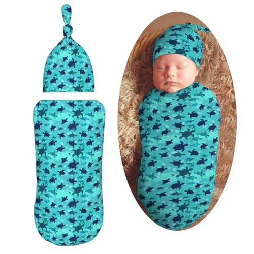 Image of Ocean Blue Sea Turtles Newborn Swaddle Blankets Hat Sets Soft Baby Receiving Blanket Swaddle Sack for Baby Shower Infant Boy Girl Gift