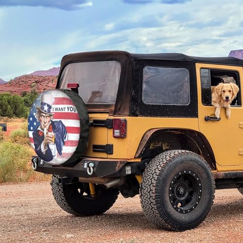 Image of Vintage American Uncle Sam Flag Spare Tire Cover, Wheel Protection Device 14-17 Inches, with Waterproof Dust-Proof UV Sun Wheel Tire Cover Suitable for SUV, RVs, Travel Trailers, Trucks (LTTSM-14)