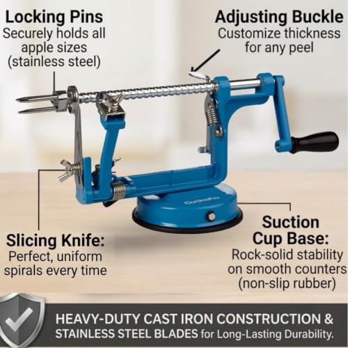 Image of Apple Peeler and Corer by Cucina Pro - Long Lasting Chrome Cast Iron with Countertop Suction Cup, Teal | Countertop Hand Crank for Fruits, Potatoes or Veggies, Picking Season- Pie, Treat Dessert Baking, Must Have Fall Kitchen Tool