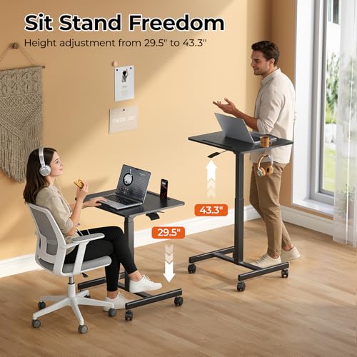Image of JOY worker Mobile Standing Desk, 23.6 inch x 20.5 inch Small Rolling Laptop Cart with 90 Tiltable Desktop, Portable Height Adjustable Sit-Stand Computer Desk on Wheels for Home Office, Black