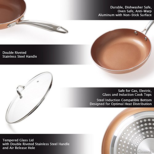 8 Pc Cookware Set with 2 Layer Nonstick Ceramic Coating, Tempered Glass Lid, Copper Color Finish Dishwasher Oven Safe Allumi-Shield by Classic Cuisine