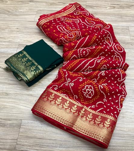 Image of Women's Pure Georgette Jaipuri Saree, Rose Zari Weaving Design Saree with Blouse Peice