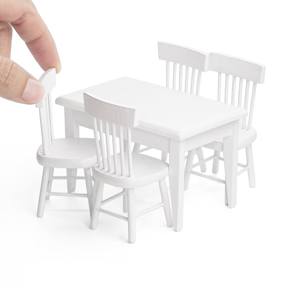 Odoria 1/12 Scale Dolls House Miniature Dining Table and Chairs Dollhouse Kitchen Furniture Accessories, White