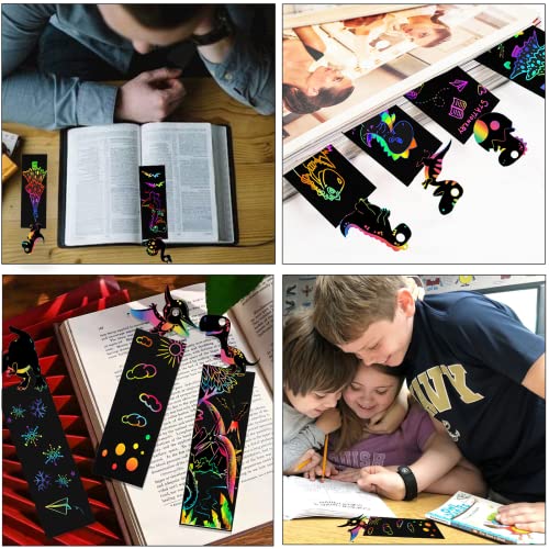 24 Stück Kratzbilder Für Kinder, Kratzbilder Lesezeichen, Lesezeichen Kinder mit Holzstiften und Bändern，Lesezeichen Personalisiert Mitgebsel Kindergeburtstag Junge und Mädchen