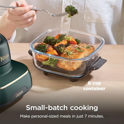 Image of Ninja Crispi 5-in-1 Glass Air Fryer | With Nontoxic 2.5 QT, 4QT, 6-Cup Containers & Lids | Microwave, Freezer & Dishwasher Safe | 450F Max Temp | Green | FN103BF