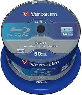 Verbatim BD-R SL Datalife Półfabrykaty Blu-Ray, 25 GB, Dysk Blu-ray z 6-Krotną Prędkością Zapisu, z Ochroną przed Zarysowaniem, Dyskami Blu-ray do Plików Wideo i Audio, 50 Szt, Wrzeciona