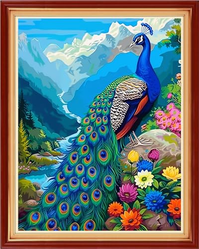 Image of Foxhool Stamped Cross Stitch Kits,11CT Printed Cross Stitch Pattern Full Embroidery Kits for Beginner Needlepoint Kits-Peacock Scenery 16x20 inch