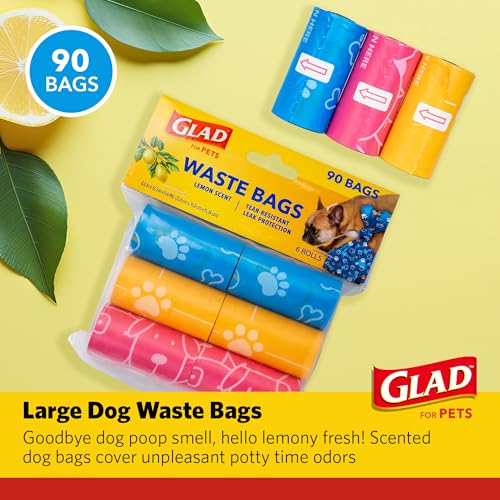 Image of Glad for Pets Scented Dog Waste Bags, Tear-Resistant Pet Poop Pick-up Bags with Leak Protection, Lemon Fresh Scent, Fun Multicolor Bag Designs, 6 Rolls, 90 Bags Total