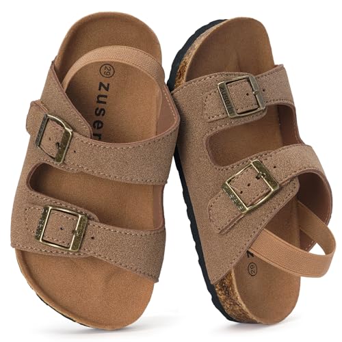 ZUSERIS Kids Toddler Sandals Boys Girls Cork Footbed Slides Summer Double Buckle Slippers Comfort Suede Leather Flat for Indoor Outdoor with Adjustable Straps