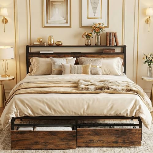 LIKIMIO Queen Bed Frame with Storage Headboard, Platform Bed with Drawers and Charging Station, No Box Spring Needed, Easy Assembly, Vintage Brown