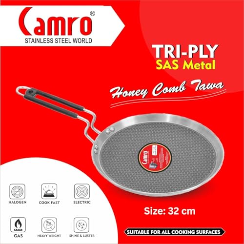 Image of Tawa for Roti and Dosa | Triply Honeycomb Tawa 32cm | Induction Base Dosa Tava Non Stick | Perma-Cool Handles | Base & Induction Compatible | Metal Spoon Friendly | Sturdy Handles