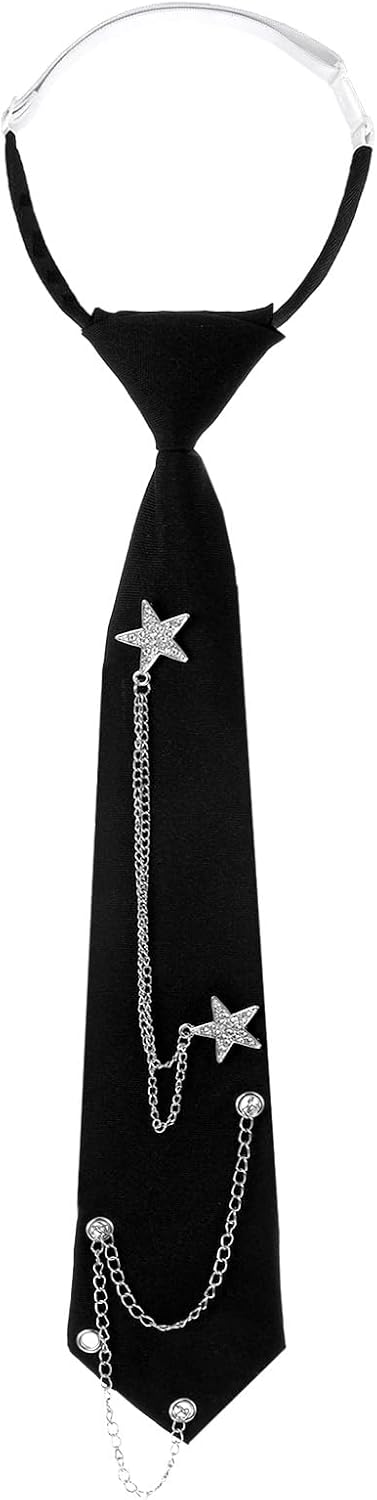 Larrel Women's Pre-Tied Black Necktie with Punk Metal Chain - Adjustable Clip-On Tie for Wedding, Business, Party (13in x 2.64in)