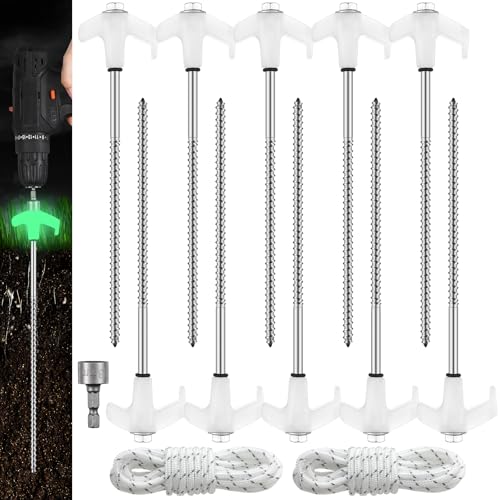 Yaocom 10 Pcs Tent Camping Stakes Heavy Duty 8 Inch Ground Anchors Screw in Tent Pegs Metal Stakes with 4x10ft Ropes Inflatable Spikes for Hiking Camping Garden Accessories