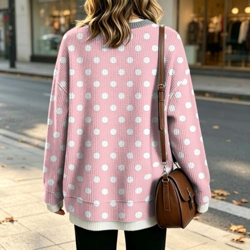 Waffle Knit Womens Crew Necks Sweatshirts Oversized Polka Dot Layered Tops - image 6