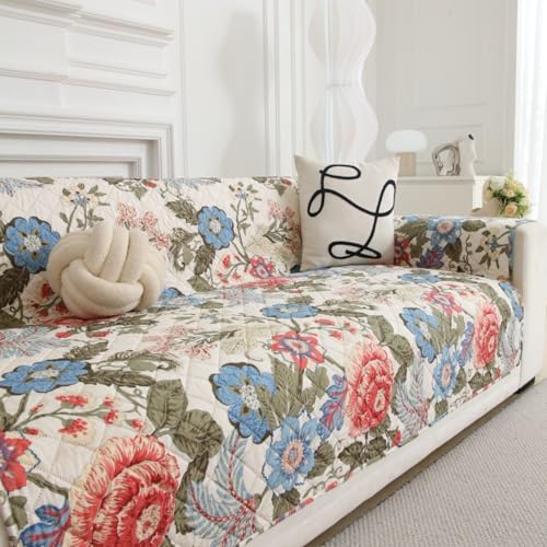 Image of HOMETHREADS Premium Style Anti Slip Sofa Cover Set | Cotton Sofa Slipcover | 1Pc Front Cover with Attached Armrest + 1Pc Back Cover (Rose Beige, 4 Seater | 200x185cm)