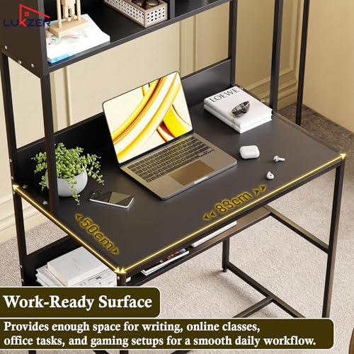 Image of Lukzer Study Table with Open Bookshelf | Engineered Wood with Metal Frame Desk | Modern & Space Saving Computer Workstation with Hutch for Home & Office (MST-010 /Black & Black /143x83x50 cm)