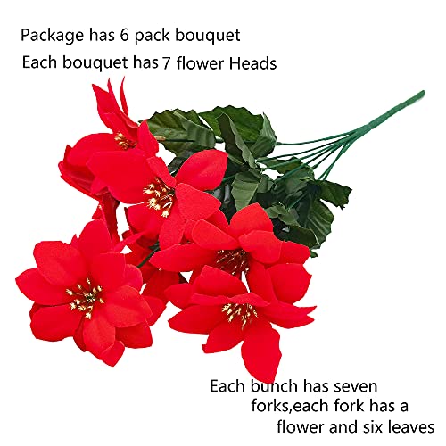 Melajia 6 Pack Christmas Artificial Flowers Gift Red 7 Heads Velvet Poinsettia Floral Bouquet Winter Holiday Decoration Indoor Or Outdoor Use #TOP3