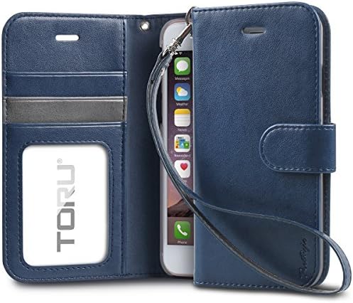 iPhone 8 Case / iPhone 7 Case, TORU Synthetic Leather Wristlet Flip Cover Folio Wallet Case with [Card Slot][ID Holder][Kickstand][Wrist Strap] for iPhone 8 / iPhone 7 - Navy Blue