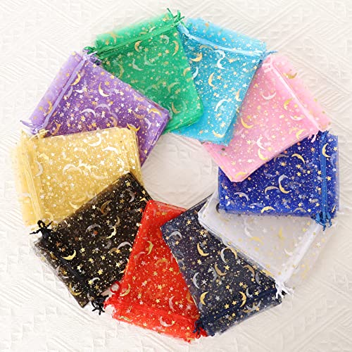 Image of Hopttreely 100 Pieces Moon Star Organza Bags, Mixed Color 4x4.72(10X12CM) Satin Drawstring Organza Pouch Wedding Party Favor Gift Bag Jewelry Watch Bags