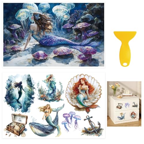 HICOHAND Mermaid Theme UV DTF Cup Wrap, 2pcs Large Vintage Mermaid Stickers Waterproof Decals for Bookcase Wardrobe DIY Home Door