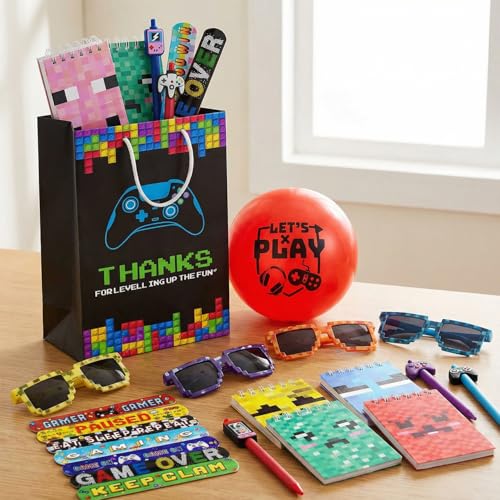 Image of Party Propz Return Gifts for Birthday - 60 Pcs, Game Theme Return Gift For Kids Age 6-10,Pinch Balloon,Pen, Pixel Eyeglasses,Diary,Slap Bands,Stationary Kit Return Gift For Kids Age 10-12