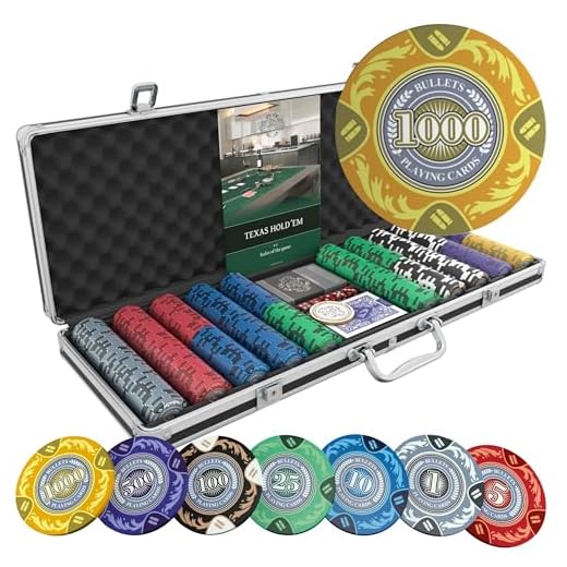 Bullets Playing Cards - Großer Pokerkoffer Tony Deluxe Pokerset mit 500 Clay Pokerchips, Poker-Anleitung, Dealer Button und Bullets Plastik Pokerkarten
