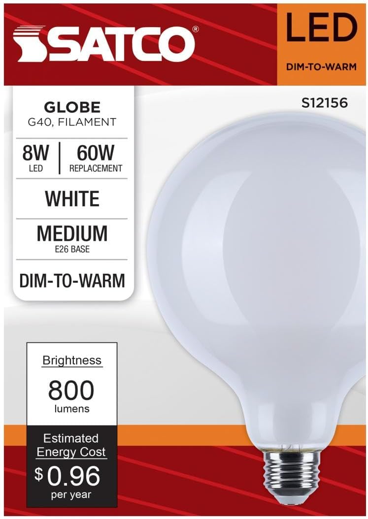 Satco S12156 8W LED G40 Globe Bulb, Warm Dimming 3000K-2000K, 800 Lumens, 90 CRI, 60W Replacement, White Globe, E26 Medium Base, Enclosed Fixture Rated, Dimmable, 120 Volt (24 Pack)