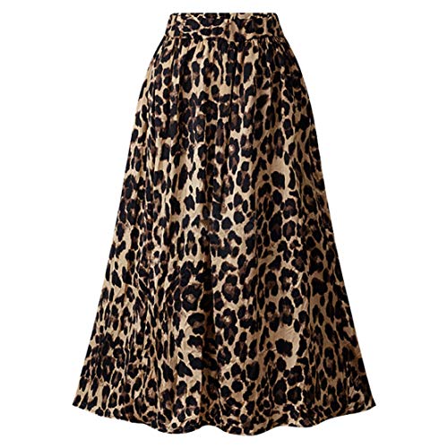CHARTOU Womens Modern Elastic High Waist A Line Leopard Printed Lining Maxi Midi-Long Skirt (Leopard, Large)