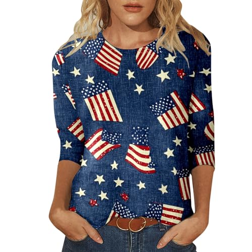 Women's Fashion Casual Independence Day Printed Cropped Sleeve T Shirt Long Sleeved T Shirts Women (Blue-G, XL)