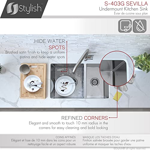 Stylish-28-x-18-Inch-Undermount-Kitchen-Sink-9-Inches-Deep-Reversible-10mm-Radius-Corners-18G-Double-Bowl-Stainless-Steel-Sink-with-Bottom-Grids-and-Standard-Metal-Strainers-S-403G Stylish 28 x 18 Inch Undermount Kitchen Sink 9 Inches Deep Reversible 10mm Radius Corners 18G Double Bowl Stainless Steel Sink with Bottom Grids and Standard Metal Strainers S 403G