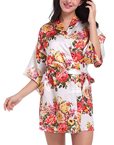 Cobciecs Kimono Femme Satin Blanc Peignoir Femme Kimono Fleuri Chemise de Nuit Femme Satin Peignoir Satin Femme Blanc,FR S=Tag M Cover