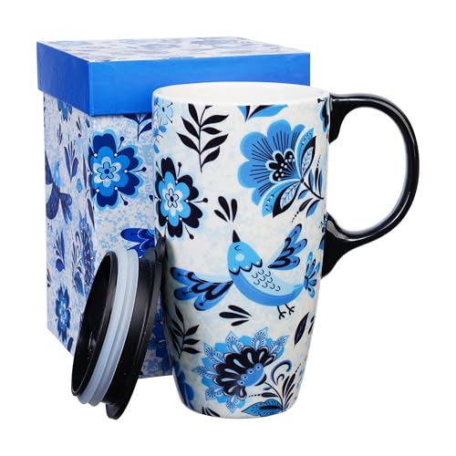 Topadorn Tasse à café en céramique avec couvercle et boîte de couleur, Mug de voyage en céramique en porcelaine avec couvercle anti-déversement, 500 ml,...