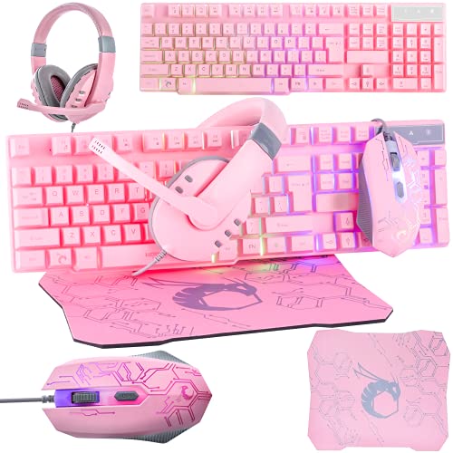 Gaming-Tastatur und Maus und Gaming-Headset & Mauspad, kabelgebundene LED RGB Hintergrundbeleuchtung Bundle für PC-Gamer – 4-in-1 Pink Edition Hornet RX-250