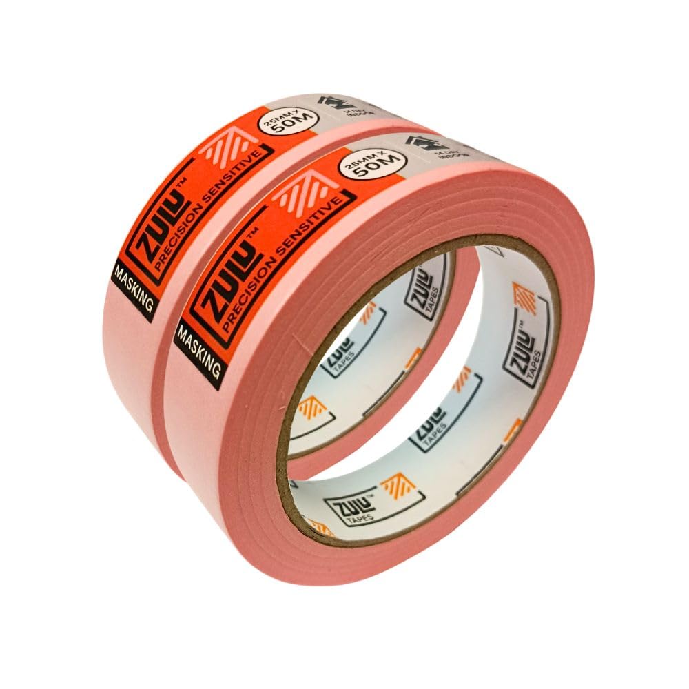 Zulu Precision Sensitive Indoor Pink Painters Masking Tape 25mm x 50m - Multi Surface Low Tack Clean Edges for All Paints - DIY, Painting, Decorating with up to 14 days Removal | (2 Pack)