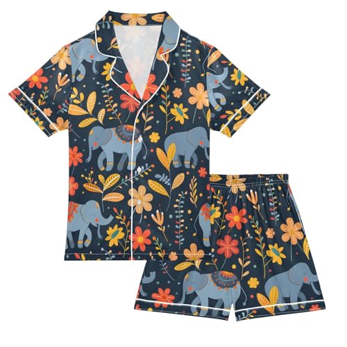 ALAZA Elephant Flower Floral Print Pajamas Satin Pajama Set Short Sleeve Button Down Sleepwear